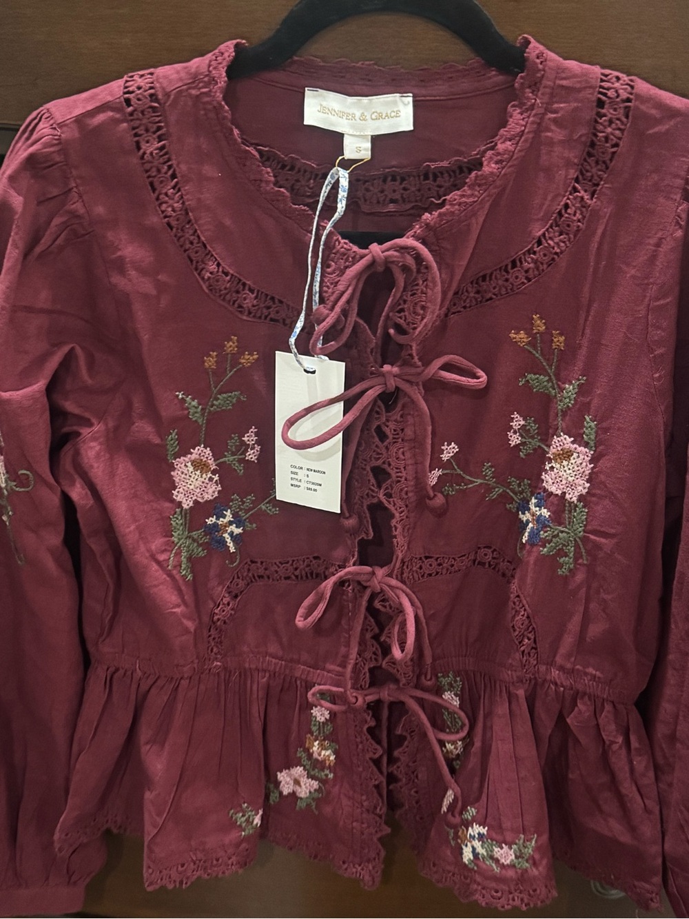 Jennifer & grace Embroidered Tie-Front Peplum Top - Burgundy long sleeve size S - Picture 2 of 12